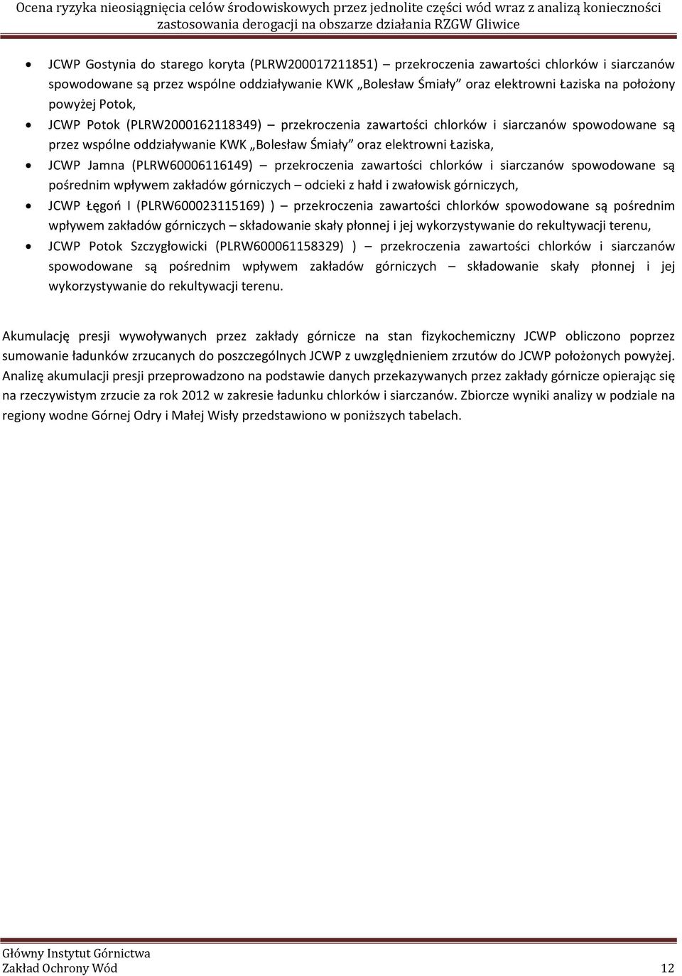 przekroczenia zawartości chlorków i siarczanów spowodowane są przez wspólne oddziaływanie KWK Bolesław Śmiały oraz elektrowni Łaziska, Jamna (PLRW60006116149) przekroczenia zawartości chlorków i