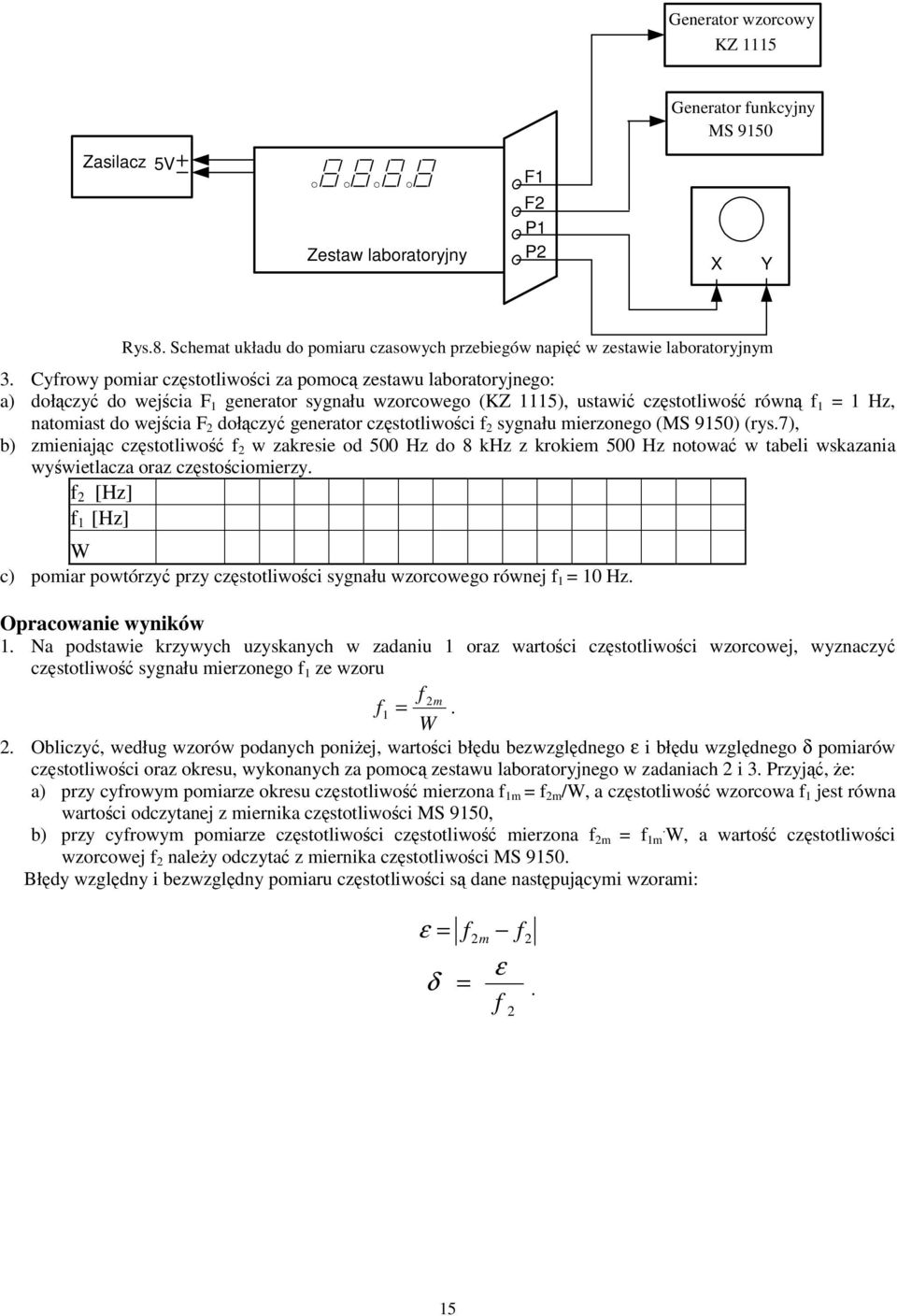 czstotliwoci f sygnału mierzonego (MS 950) (rys.7), b) zmieniajc czstotliwo f w zakresie od 500 Hz do 8 khz z krokiem 500 Hz notowa w tabeli wskazania wywietlacza oraz czstociomierzy.