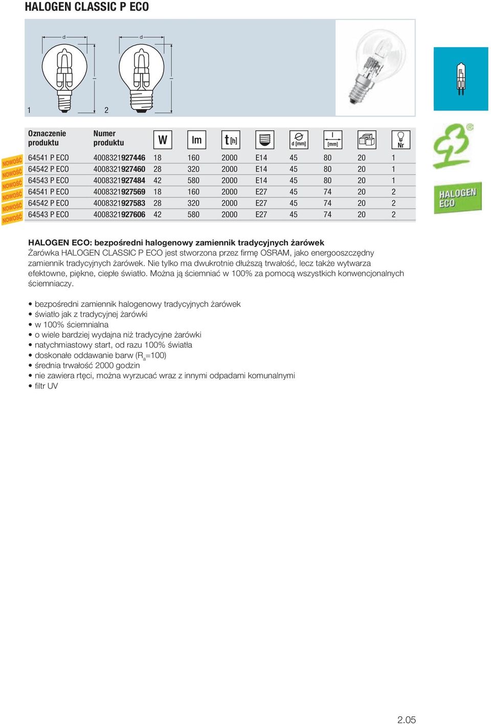 45 74 20 2 64543 P ECO 400832927606 42 580 2000 E27 45 74 20 2 Żarówka HALOGEN CLASSIC P ECO jest stworzona przez firmę OSRAM, jako