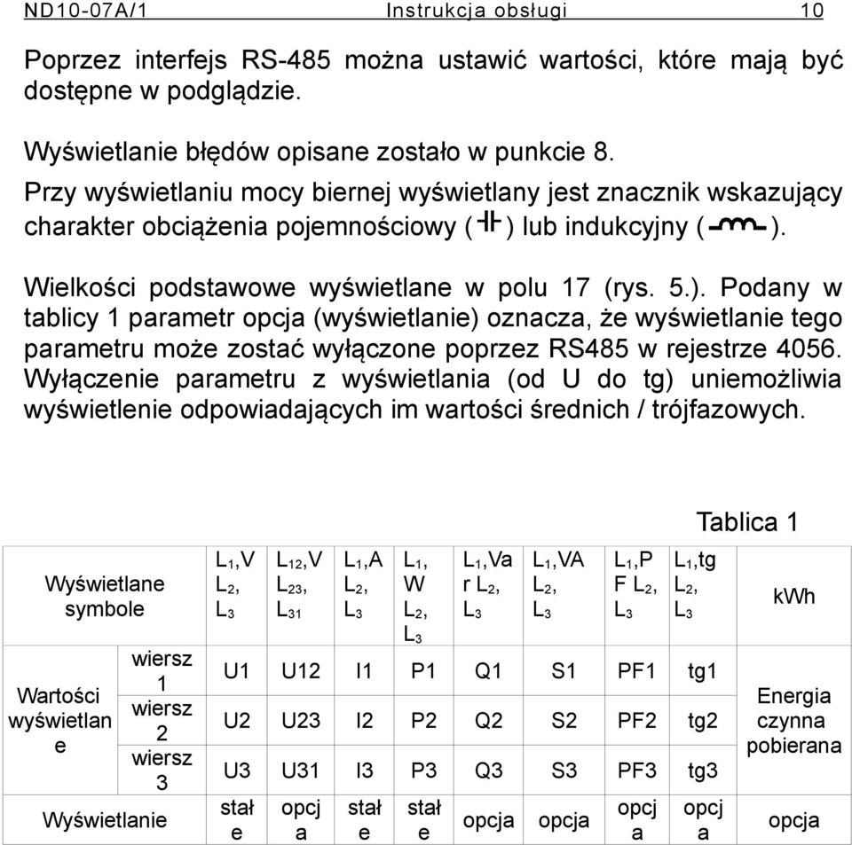 lub indukcyjny ( ). Wielkości podstawowe wyświetlane w polu 17 (rys. 5.). Podany w tablicy 1 parametr opcja (wyświetlanie) oznacza, że wyświetlanie tego parametru może zostać wyłączone poprzez RS485 w rejestrze 456.