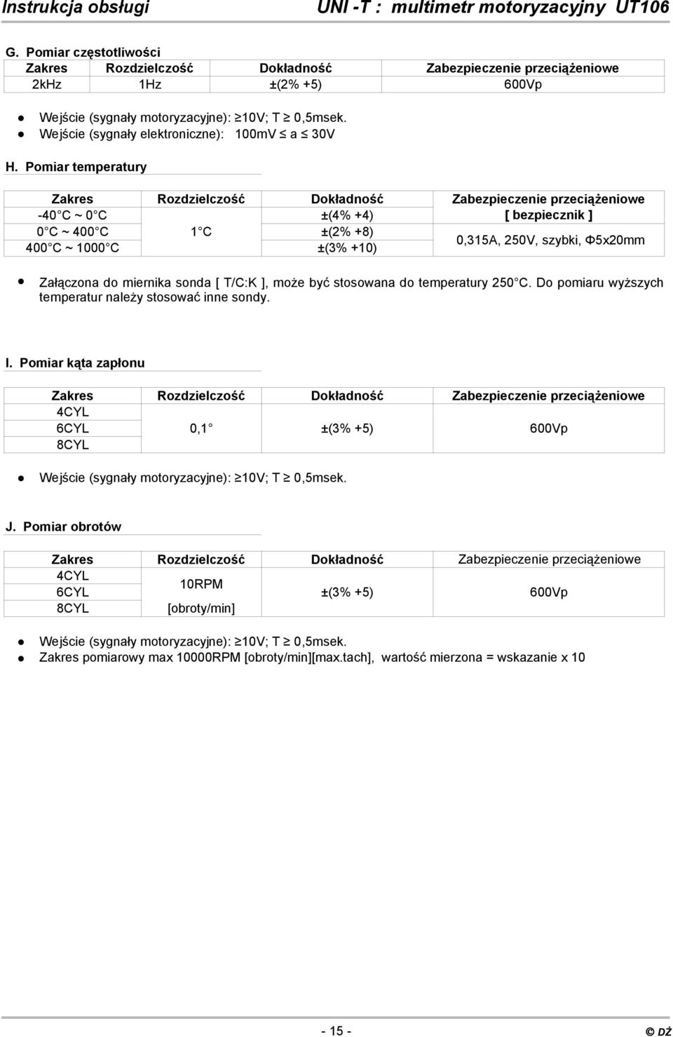 Pomiar temperatury Zakres Rozdzielczość Dokładność Zabezpieczenie przeciążeniowe -40 C ~ 0 C ±(4% +4) [ bezpiecznik ] 0 C ~ 400 C 1 C ±(2% +8) 400 C ~ 1000 C ±(3% +10) 0,315A, 250V, szybki, Φ5x20mm