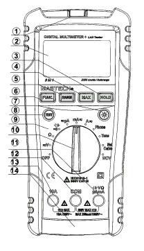 4. Budowa urządzenia 4.1. Panel czołowy 1. Wskaźnik detektora napięcia. 2. Wyświetlacz LCD. 3. Przycisk HOLD. 4. Przycisk MAX. 5. Przycisk RANGE. 6. Przycisk FUNC. 7.