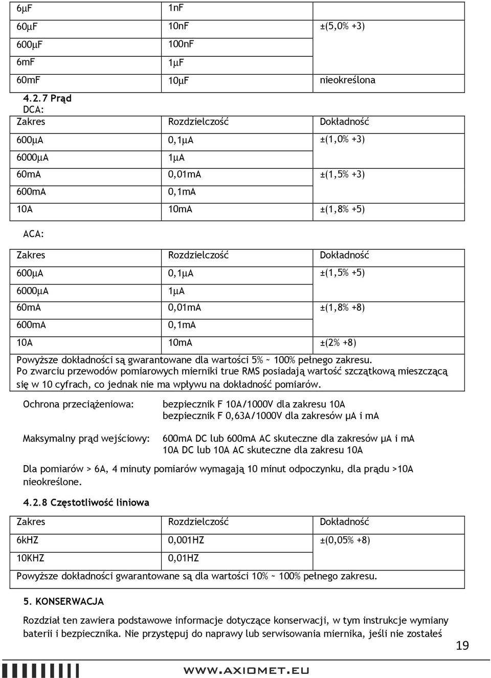 +8) 600 0,1 10 10 ±(2% +8) Powyższe dokładności są gwarantowane dla wartości 5% ~ 100% pełnego zakresu.