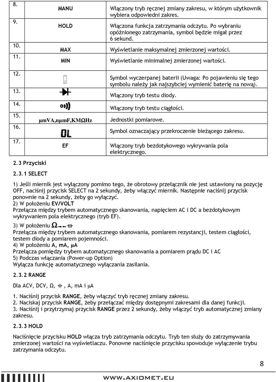 3 Przyciski 2.3.1 SELECT µmv,nµmf,kmωhz EF Symbol wyczerpanej baterii (Uwaga: Po pojawieniu się tego symbolu należy jak najszybciej wymienić baterię na nową). Włączony tryb testu diody.