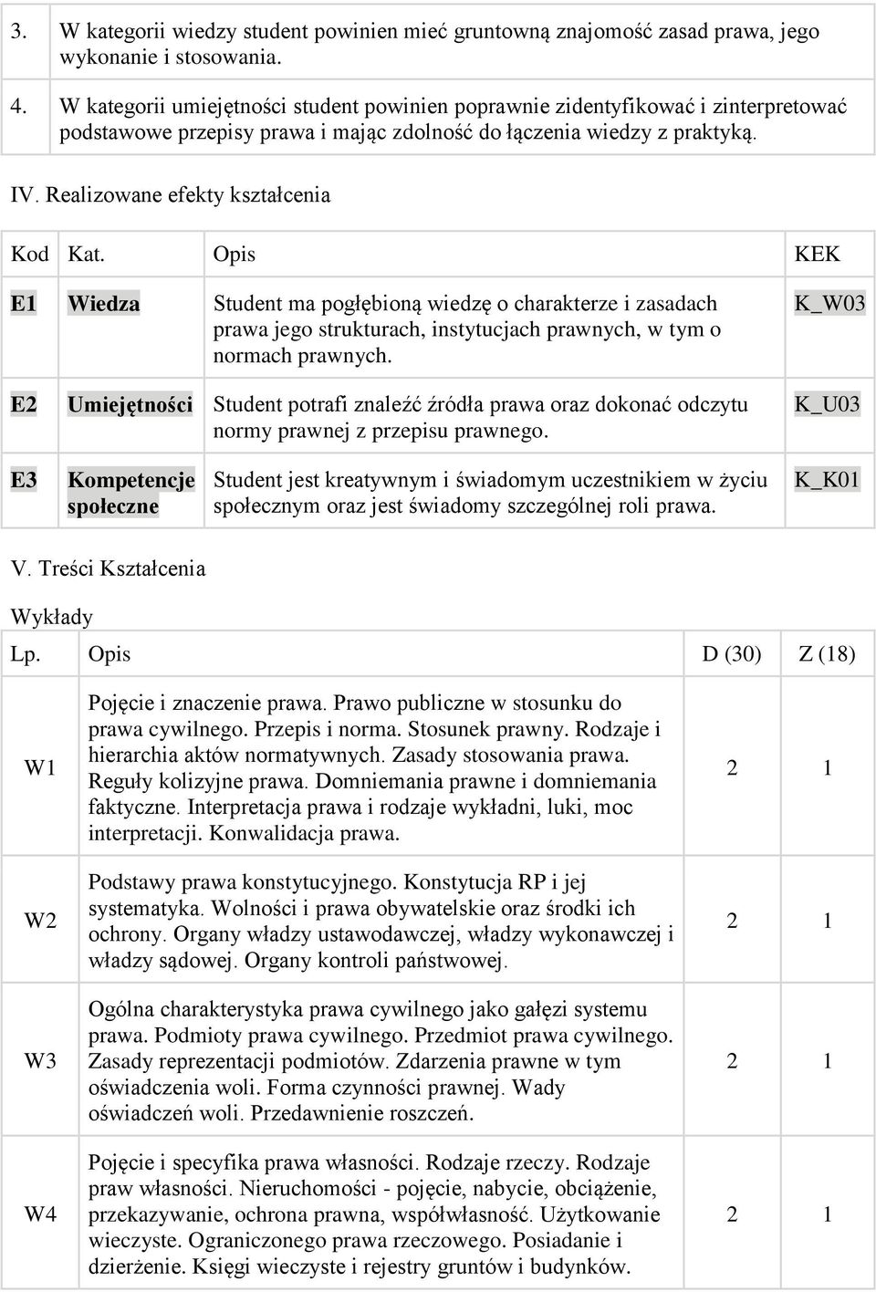 Realizowane efekty kształcenia Kod Kat. Opis KEK E1 Wiedza Student ma pogłębioną wiedzę o charakterze i zasadach prawa jego strukturach, instytucjach prawnych, w tym o normach prawnych.