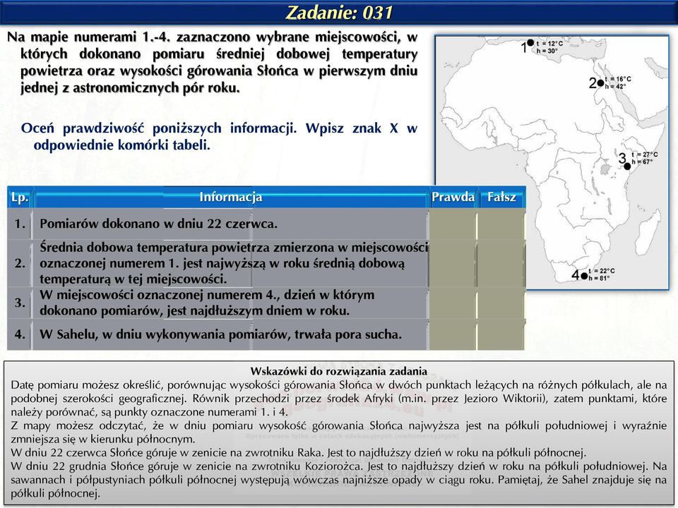 Oceń prawdziwość poniższych informacji. Wpisz znak X w odpowiednie komórki tabeli. Lp. Informacja Prawda Fałsz 1. Pomiarów dokonano w dniu 22 czerwca. 2. 3.