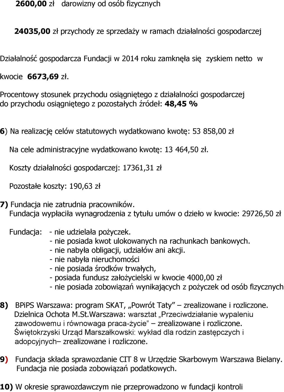 Na cele administracyjne wydatkowano kwotę: 13 464,50 zł. Koszty działalności gospodarczej: 17361,31 zł Pozostałe koszty: 190,63 zł 7) Fundacja nie zatrudnia pracowników.