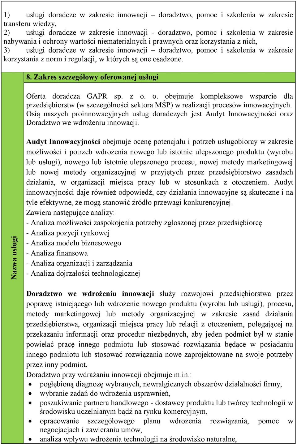 których są one osadzone. 8. Zakres szczegółowy oferowanej usługi Oferta doradcza GAPR sp. z o. o. obejmuje kompleksowe wsparcie dla przedsiębiorstw (w szczególności sektora MŚP) w realizacji procesów innowacyjnych.