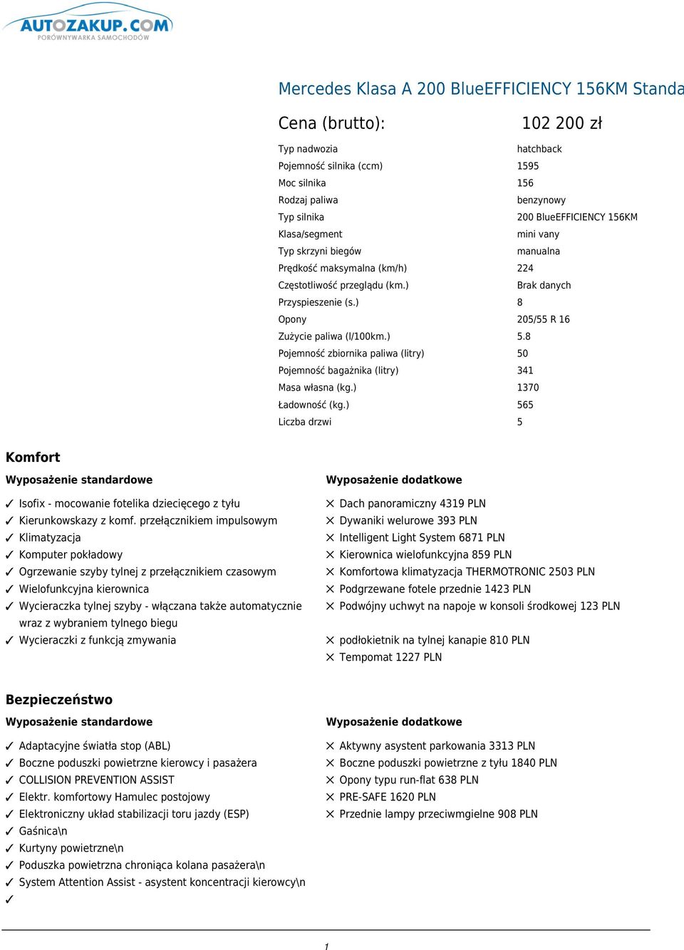 8 Pojemność zbiornika paliwa (litry) 50 Pojemność bagażnika (litry) 341 Masa własna (kg.) 1370 Ładowność (kg.