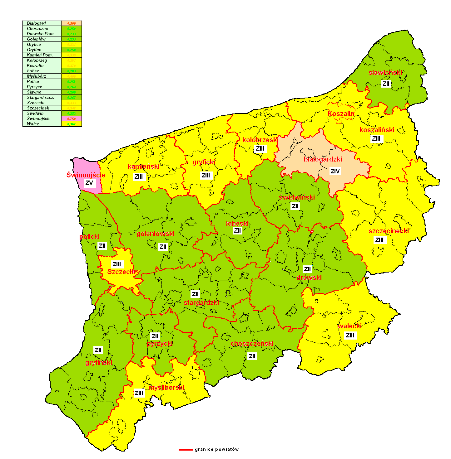 Rysunek nr 2. Stopień zagrożenia powiatów ze względu na rodzaj zabudowy.