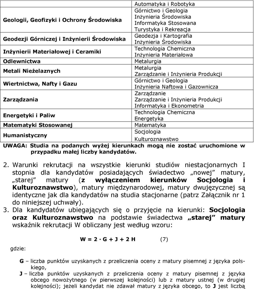 InŜynieria Naftowa i Gazownicza Zarządzanie Zarządzania Zarządzanie i InŜynieria Produkcji Informatyka i Ekonometria Technologia Chemiczna Energetyki i Paliw Energetyka Matematyki Stosowanej