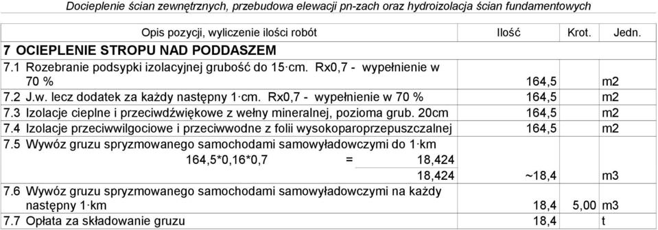 4 Izolacje przeciwwilgociowe i przeciwwodne z folii wysokoparoprzepuszczalnej 164,5 m2 7.