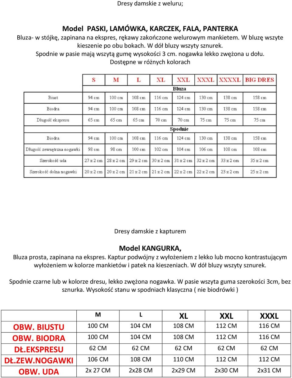 Dostępne w różnych kolorach Dresy damskie z kapturem Model KANGURKA, Bluza prosta, zapinana na ekspres.