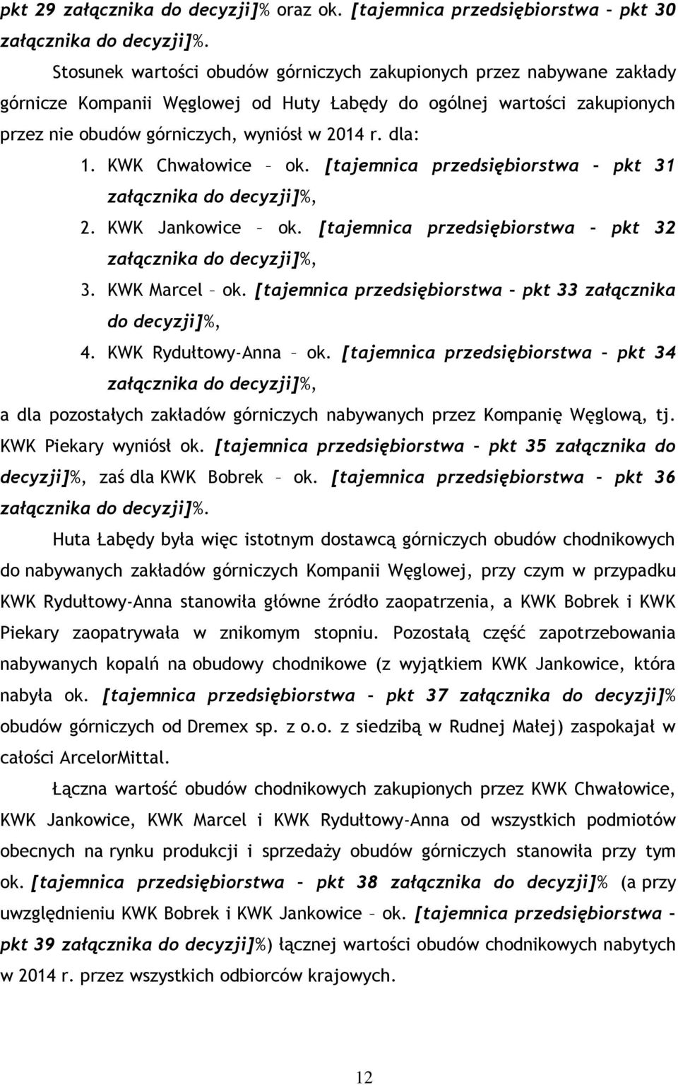 KWK Chwałowice ok. [tajemnica przedsiębiorstwa pkt 31 załącznika do decyzji]%, 2. KWK Jankowice ok. [tajemnica przedsiębiorstwa pkt 32 załącznika do decyzji]%, 3. KWK Marcel ok.