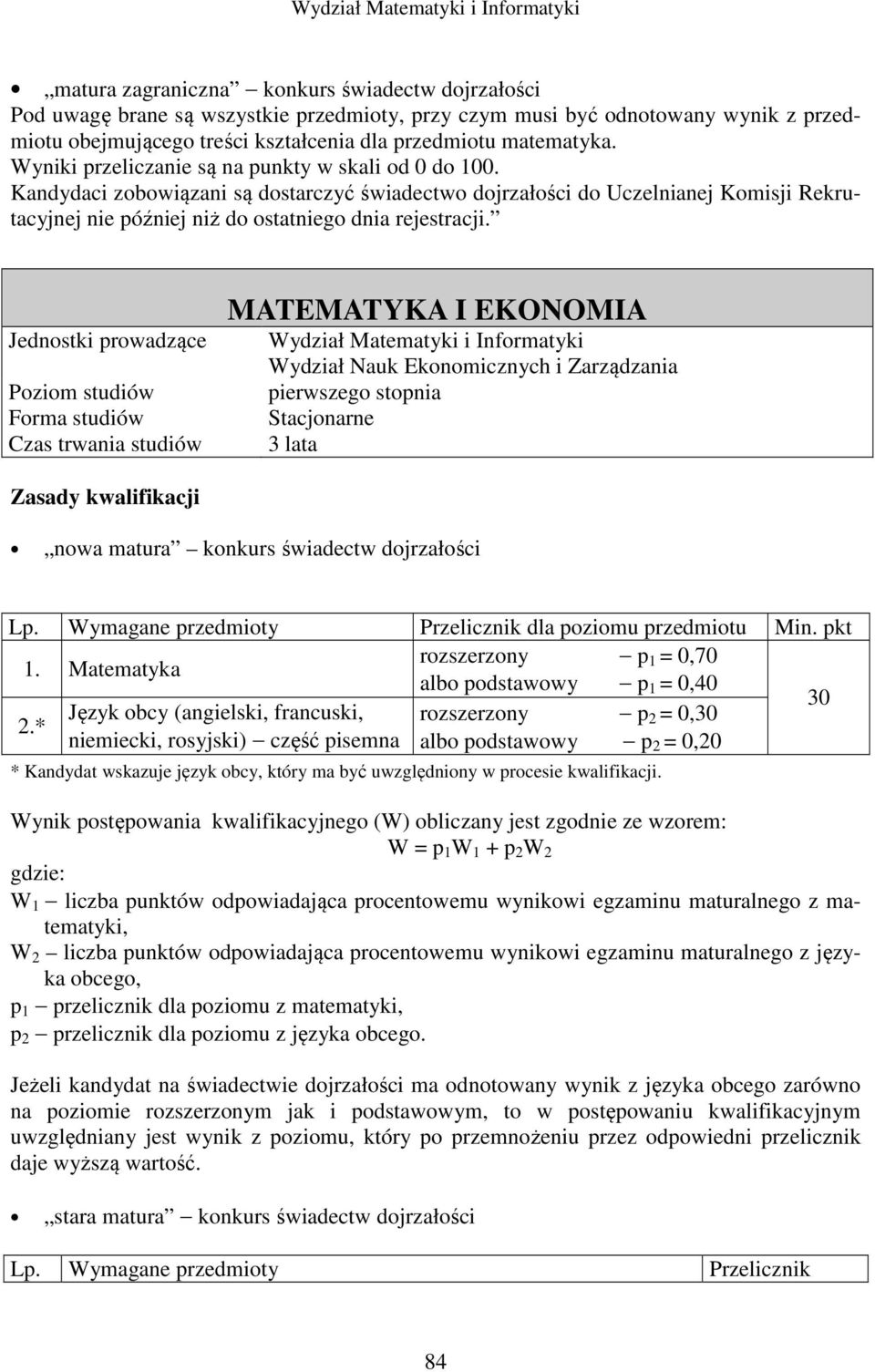 Jednostki prowadzące MATEMATYKA I EKONOMIA Wydział Nauk Ekonomicznych i Zarządzania pierwszego stopnia Stacjonarne 3 lata nowa matura konkurs świadectw dojrzałości Lp.