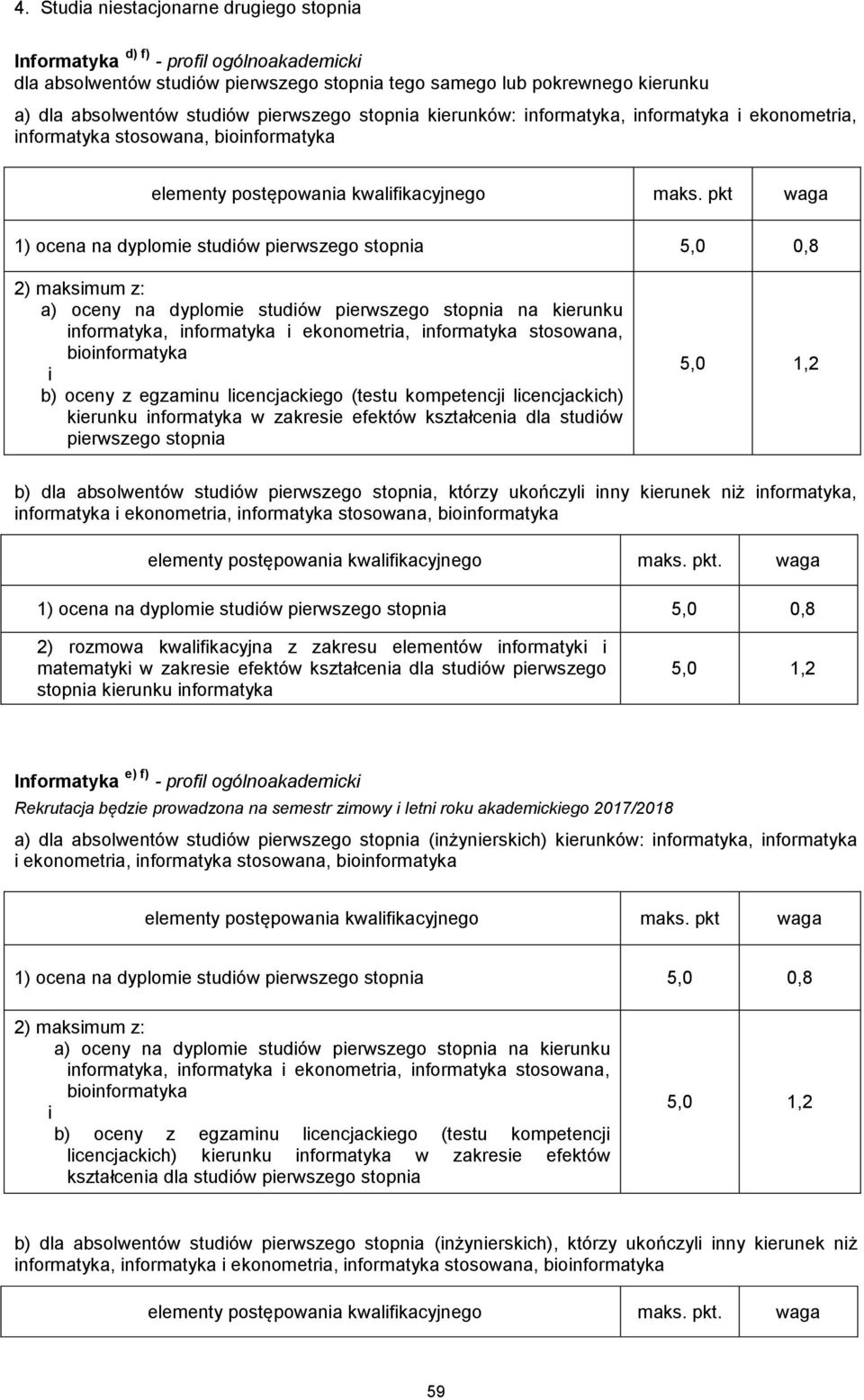 pkt waga a) oceny na dyplome studów perwszego stopna na kerunku nformatyka, nformatyka ekonometra, nformatyka stosowana, bonformatyka b) oceny z egzamnu lcencjackego (testu kompetencj lcencjackch)