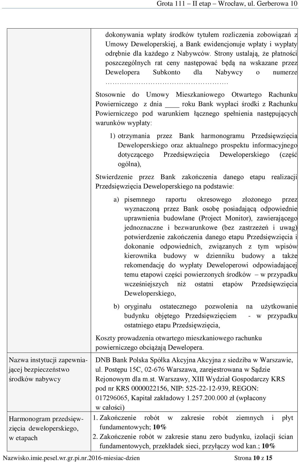 Strony ustalają, że płatności poszczególnych rat ceny następować będą na wskazane przez Dewelopera Subkonto dla Nabywcy o numerze.