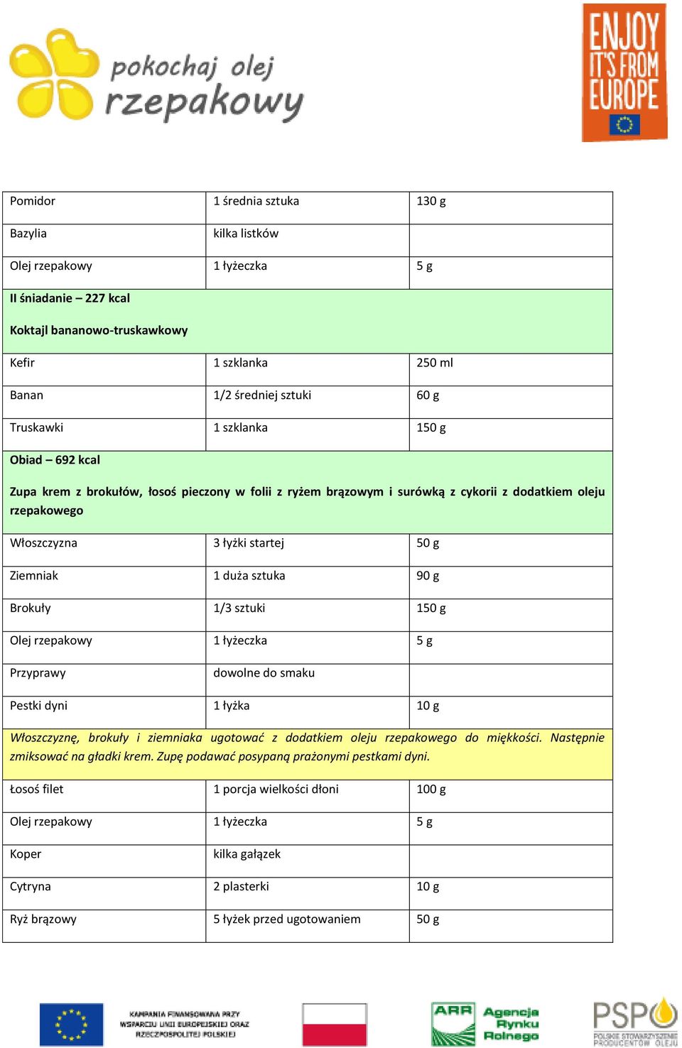 g Brokuły 1/3 sztuki 150 g Przyprawy dowolne Pestki dyni 1 łyżka 10 g Włoszczyznę, brokuły i ziemniaka ugotować z dodatkiem oleju rzepakowego do miękkości.