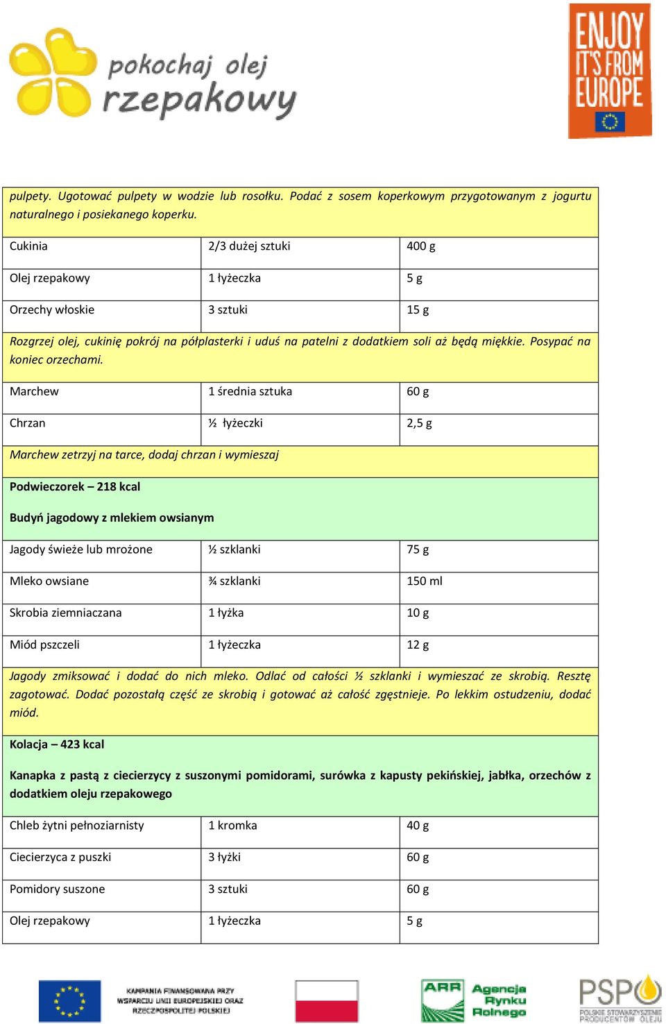 Marchew 1 średnia sztuka 60 g Chrzan ½ łyżeczki 2,5 g Marchew zetrzyj na tarce, dodaj chrzan i wymieszaj Podwieczorek 218 kcal Budyń jagodowy z mlekiem owsianym Jagody świeże lub mrożone ½ szklanki