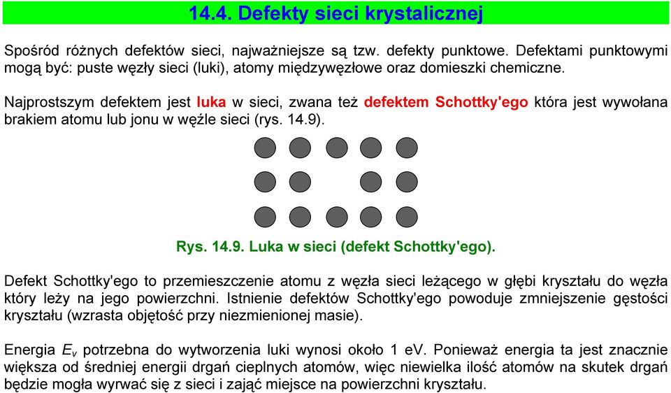 Najprostszym defektem jest luka w sieci, zwana też defektem Schottky'ego która jest wywołana brakiem atomu lub jonu w węźle sieci (rys. 14.9). Rys. 14.9. Luka w sieci (defekt Schottky'ego).