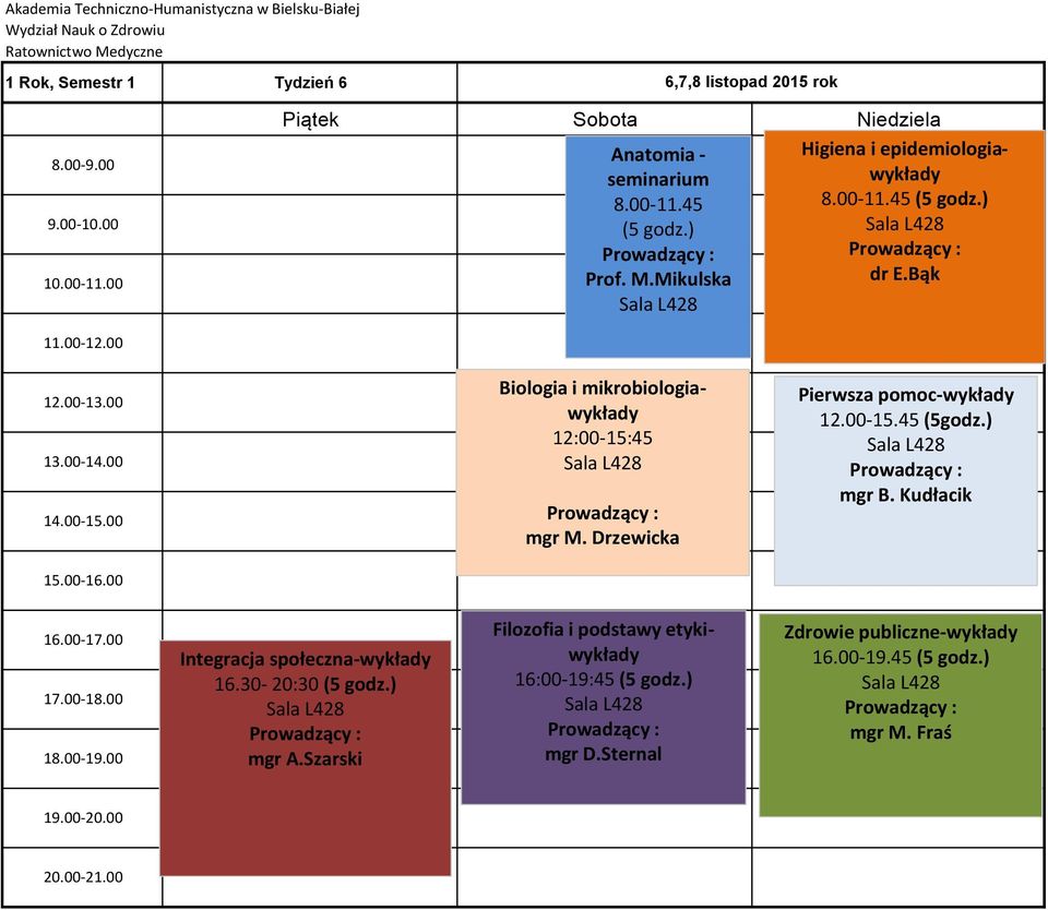 Bąk 12:00-15:45 Pierwsza pomoc-wykłady 12.00-15.45 (5godz.) mgr B.