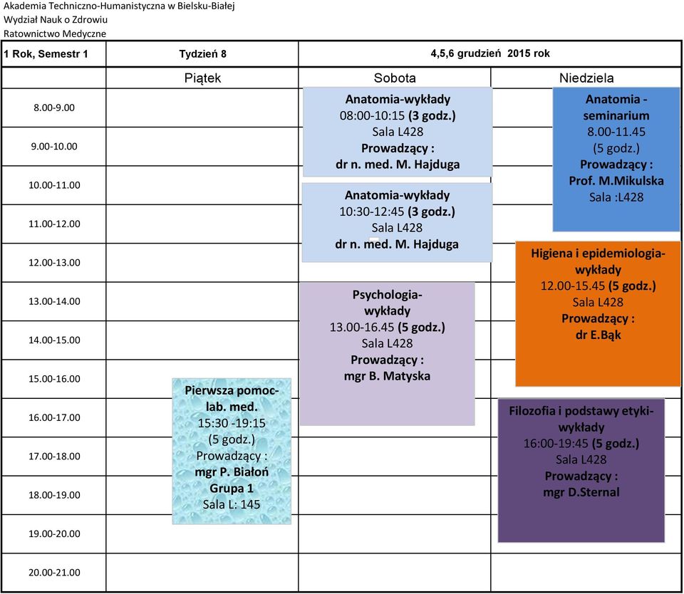 45 mgr B. Matyska Anatomia - seminarium 8.00-11.45 Prof. M.Mikulska Sala :L428 Higiena i epidemiologiawykłady 12.