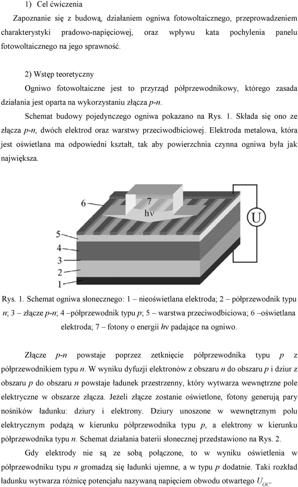 Schemat budowy pojedynczego ogniwa pokazano na Rys. 1. Składa się ono ze złącza p-n, dwóch elektrod oraz warstwy przeciwodbiciowej.