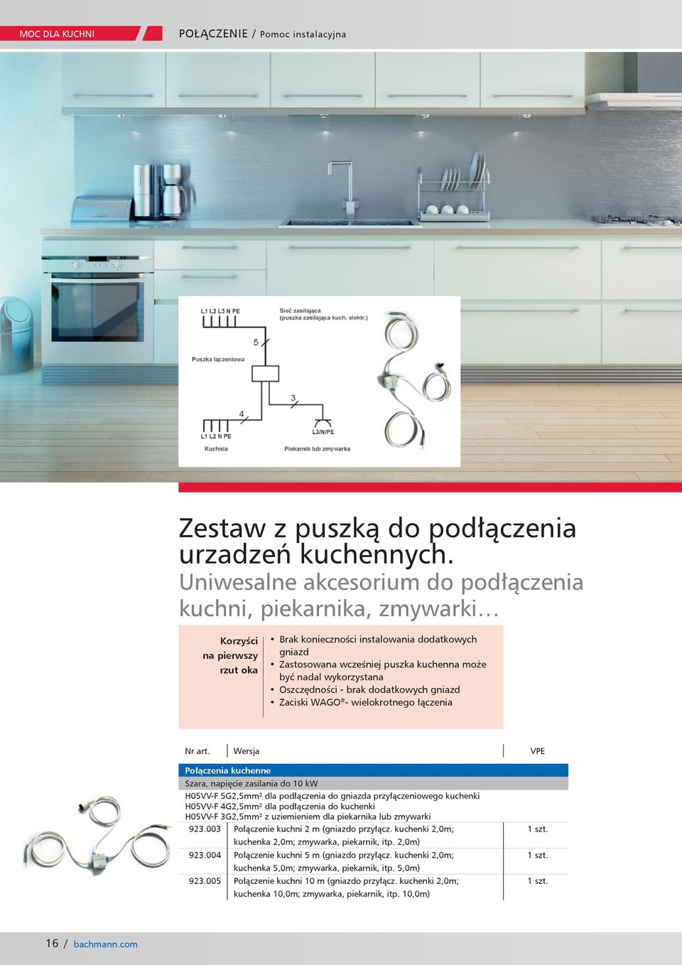 wykorzystana Oszczędności - brak dodatkowych gniazd Zaciski WAGO - wielokrotnego łączenia VPE Połączenia kuchenne Szara, napięcie zasilania do 10 kw H05VV-F 5G2,5mm² dla podłączenia do gniazda