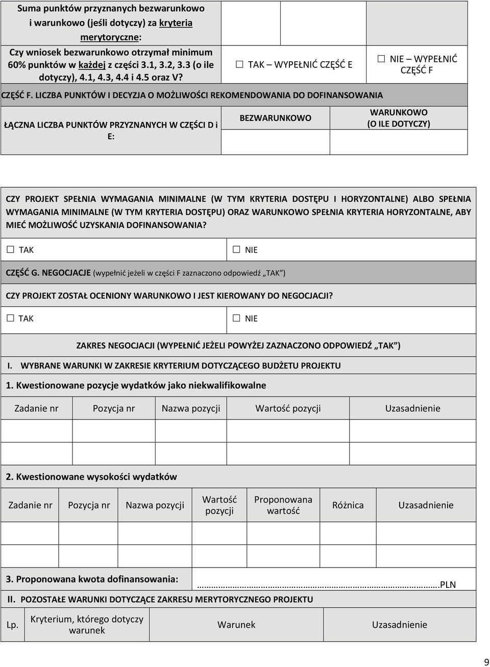 LICZBA PUNKTÓW I DECYZJA O MOŻLIWOŚCI REKOMENDOWANIA DO DOFINANSOWANIA ŁĄCZNA LICZBA PUNKTÓW PRZYZNANYCH W CZĘŚCI D i E: BEZWARUNKOWO WARUNKOWO (O ILE DOTYCZY) CZY PROJEKT SPEŁNIA WYMAGANIA MINIMALNE