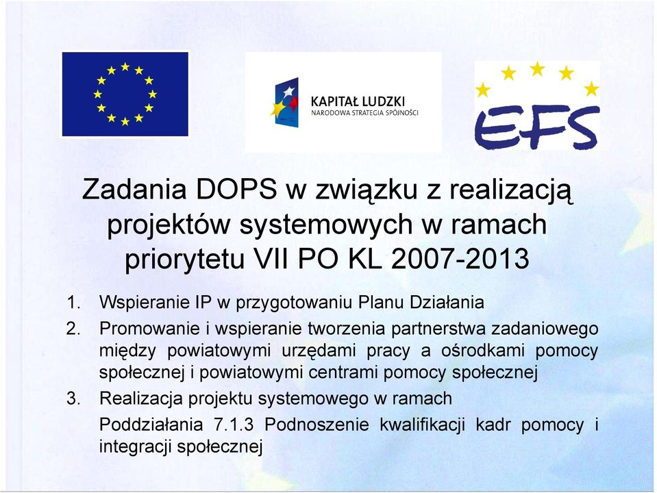 Promowanie i wspieranie tworzenia partnerstwa zadaniowego między powiatowymi urzędami pracy a ośrodkami