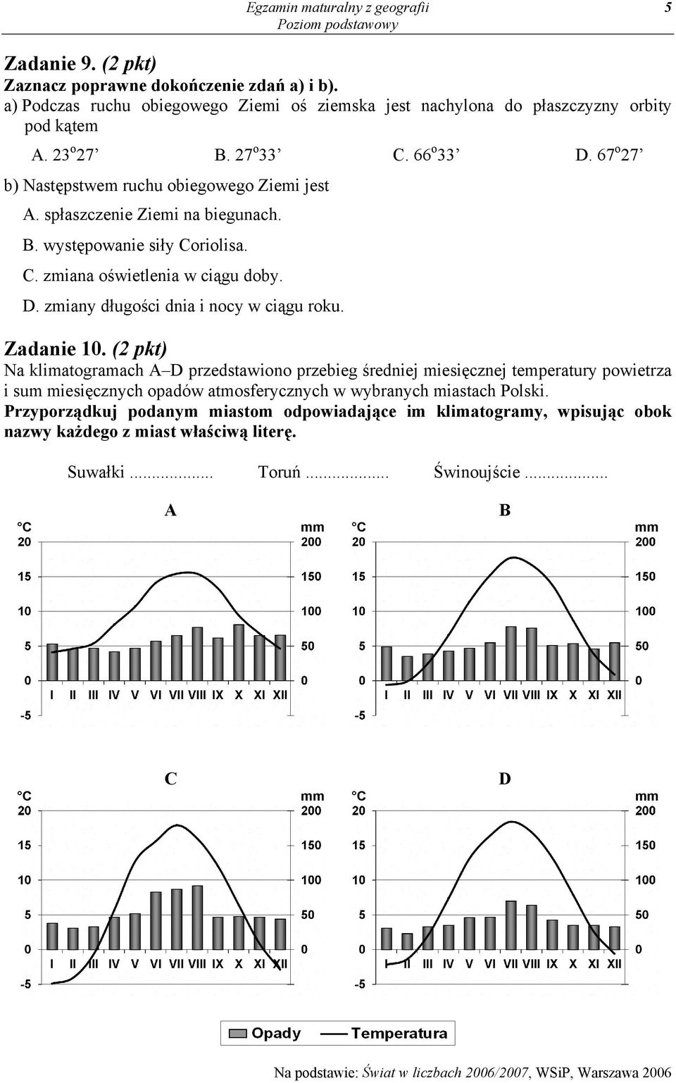 Zadanie 10. (2 pkt) Na klimatogramach A D przedstawiono przebieg średniej miesięcznej temperatury powietrza i sum miesięcznych opadów atmosferycznych w wybranych miastach Polski.