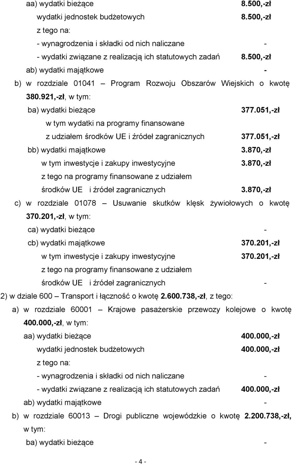 051,-zł w tym wydatki na programy finansowane z udziałem środków UE i źródeł zagranicznych 377.051,-zł bb) wydatki majątkowe 3.870,-zł 3.870,-zł środków UE i źródeł zagranicznych 3.