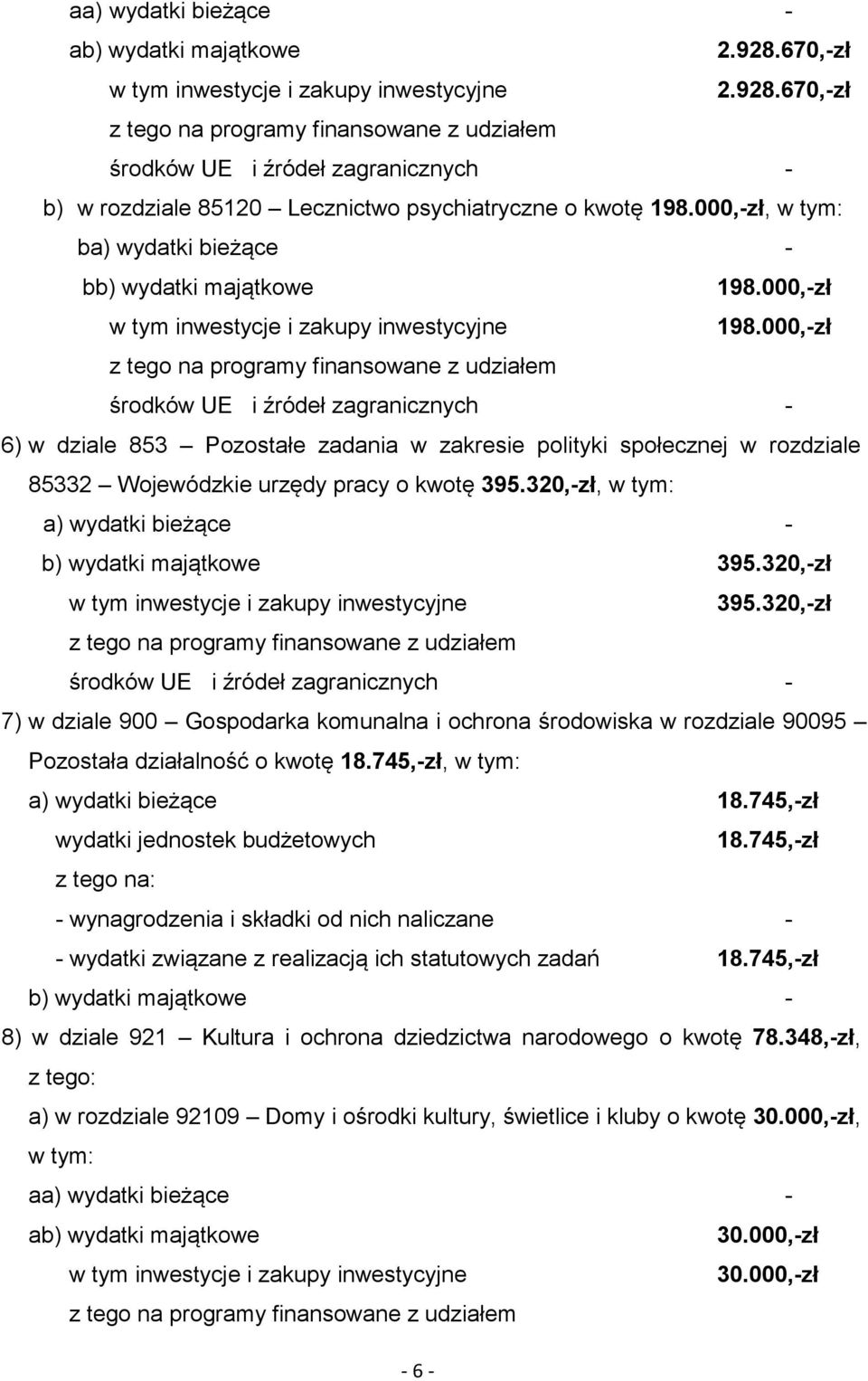 320,-zł, w tym: a) wydatki bieżące - b) wydatki majątkowe 395.320,-zł 395.320,-zł 7) w dziale 900 Gospodarka komunalna i ochrona środowiska w rozdziale 90095 Pozostała działalność o kwotę 18.