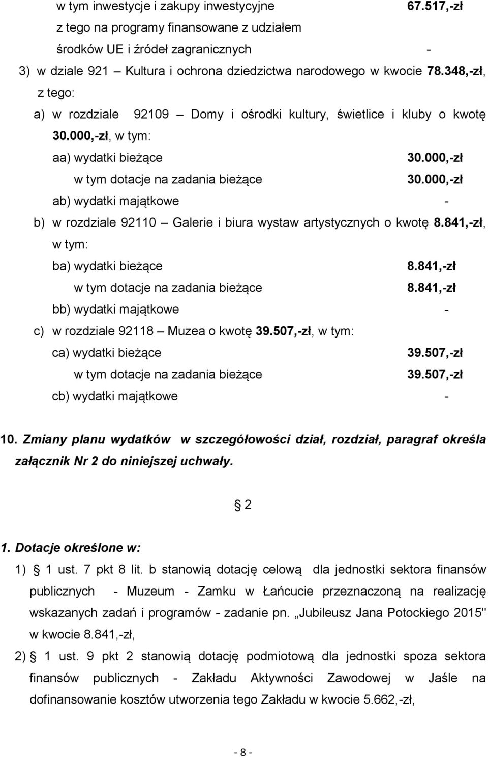 841,-zł, w tym: ba) wydatki bieżące 8.841,-zł w tym dotacje na zadania bieżące 8.841,-zł bb) wydatki majątkowe - c) w rozdziale 92118 Muzea o kwotę 39.507,-zł, w tym: ca) wydatki bieżące 39.