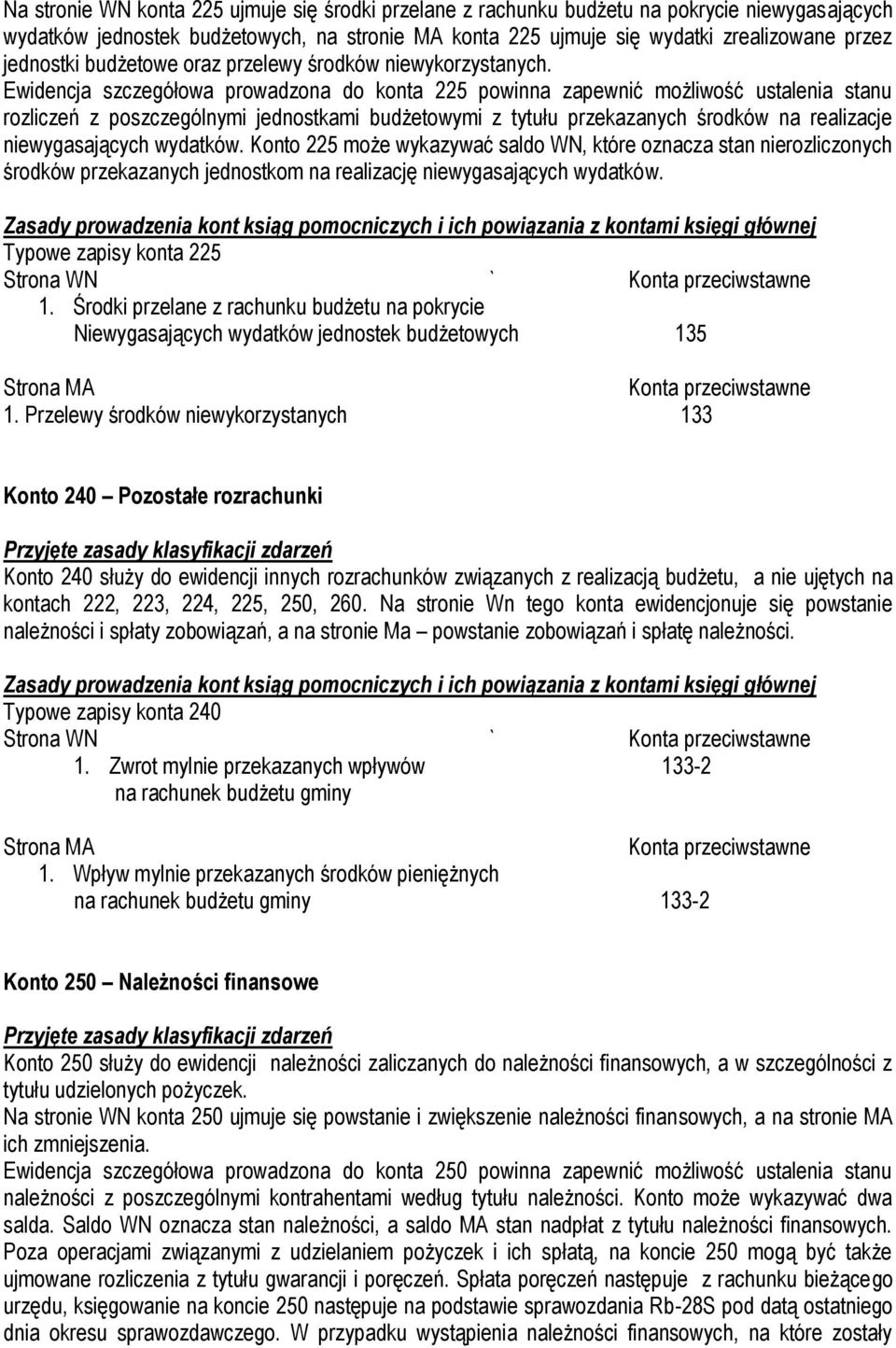 Ewidencja szczegółowa prowadzona do konta 225 powinna zapewnić możliwość ustalenia stanu rozliczeń z poszczególnymi jednostkami budżetowymi z tytułu przekazanych środków na realizacje niewygasających