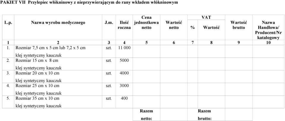 Rozmiar 15 cm x 8 cm klej syntetyczny kauczuk 3. Rozmiar 0 cm x 10 cm klej syntetyczny kauczuk 4.