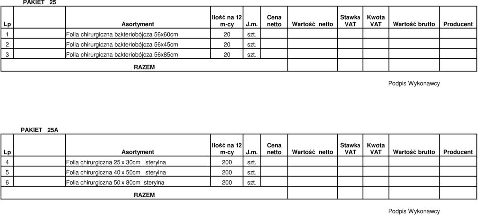 2 Folia chirurgiczna bakteriobójcza 56x45cm 20 szt. 3 Folia chirurgiczna bakteriobójcza 56x85cm 20 szt.