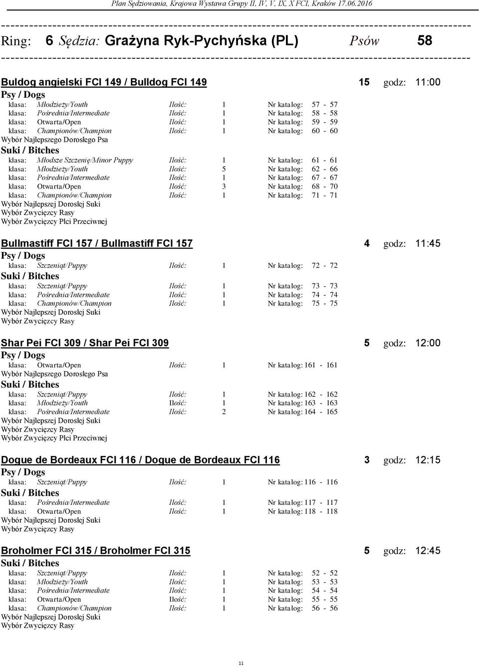 Pośrednia/Intermediate Nr katalog: 67-67 klasa: Otwarta/Open 3 Nr katalog: 68-70 klasa: Championów/Champion Nr katalog: 7-7 Bullmastiff FCI 57 / Bullmastiff FCI 57 4 godz: :45 klasa: Szczeniąt/Puppy