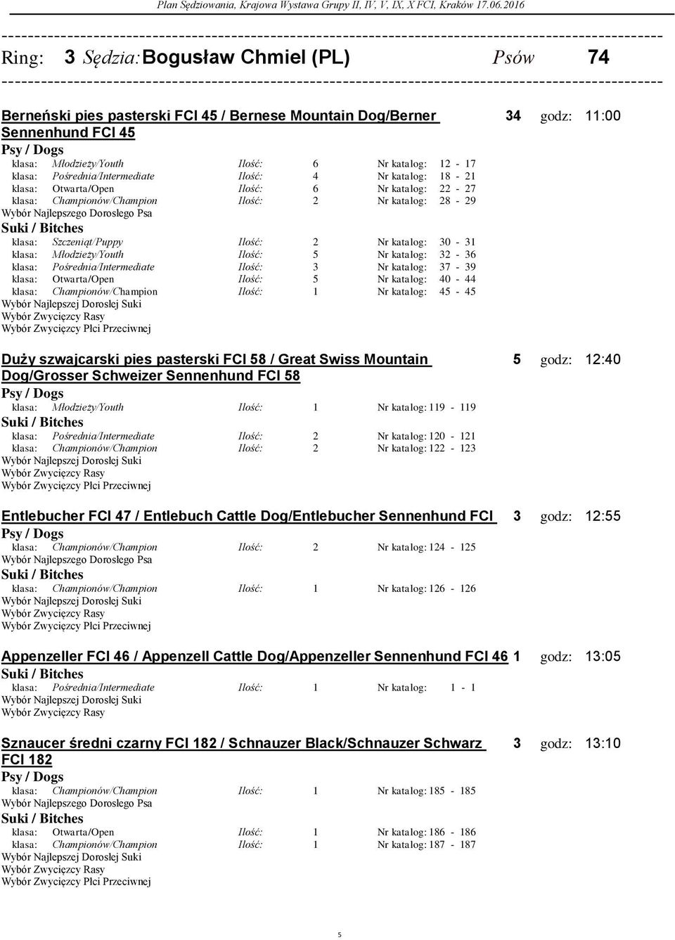 katalog: 32-36 klasa: Pośrednia/Intermediate 3 Nr katalog: 37-39 klasa: Otwarta/Open 5 Nr katalog: 40-44 klasa: Championów/Champion Nr katalog: 45-45 Duży szwajcarski pies pasterski FCI 58 / Great