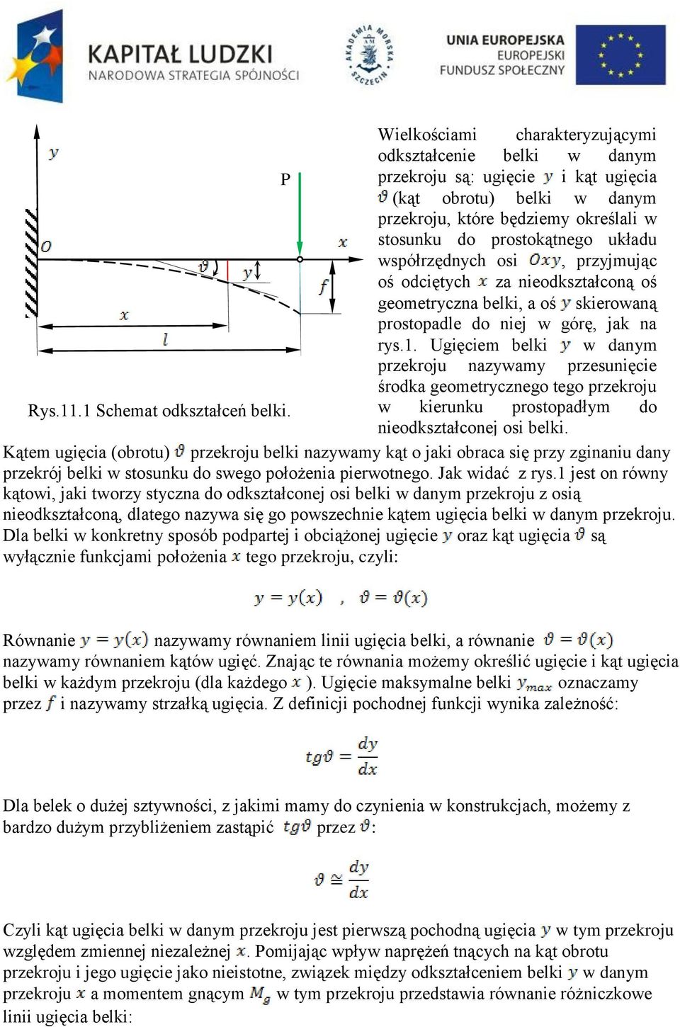 Ugięciem belki w danym przekroju nazywamy przesunięcie środka geometrycznego tego przekroju w kierunku prostopadłym do Rys.11.1 Schemat odkształceń belki. nieodkształconej osi belki.