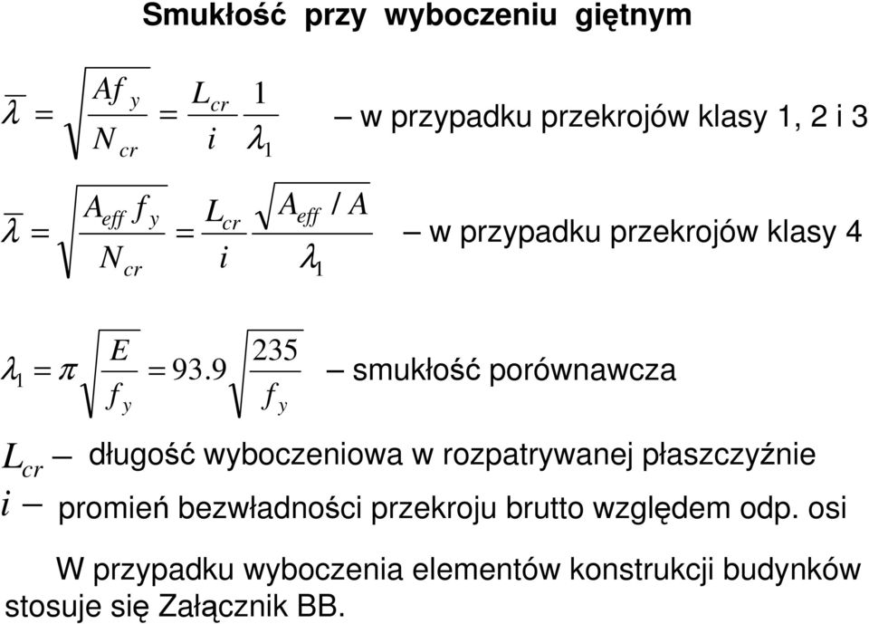 9 f y f y L cr i smukłość porównawcza długość wyboczeniowa w rozpatrywanej płaszczyźnie promień