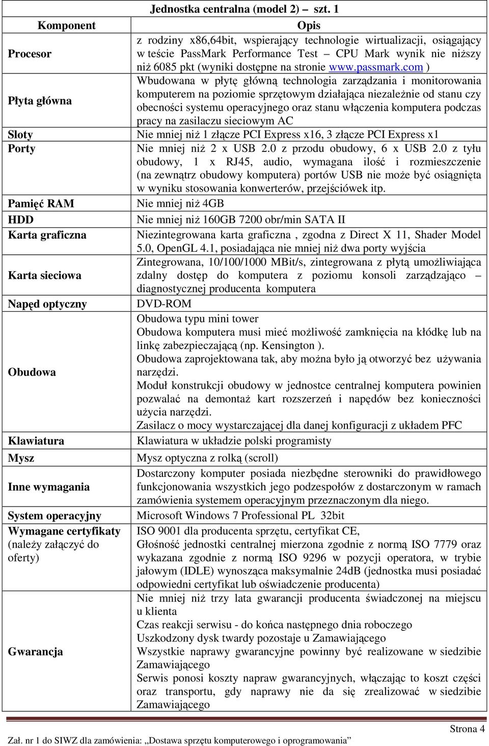 1 Opis z rodziny x86,64bit, wspierający technologie wirtualizacji, osiągający w teście PassMark Performance Test CPU Mark wynik nie niŝszy niŝ 6085 pkt (wyniki dostępne na stronie www.passmark.