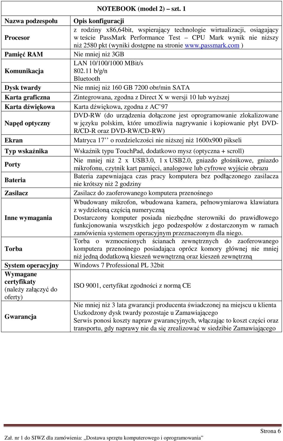 Wymagane certyfikaty (naleŝy załączyć do oferty) Opis konfiguracji z rodziny x86,64bit, wspierający technologie wirtualizacji, osiągający w teście PassMark Performance Test CPU Mark wynik nie niŝszy