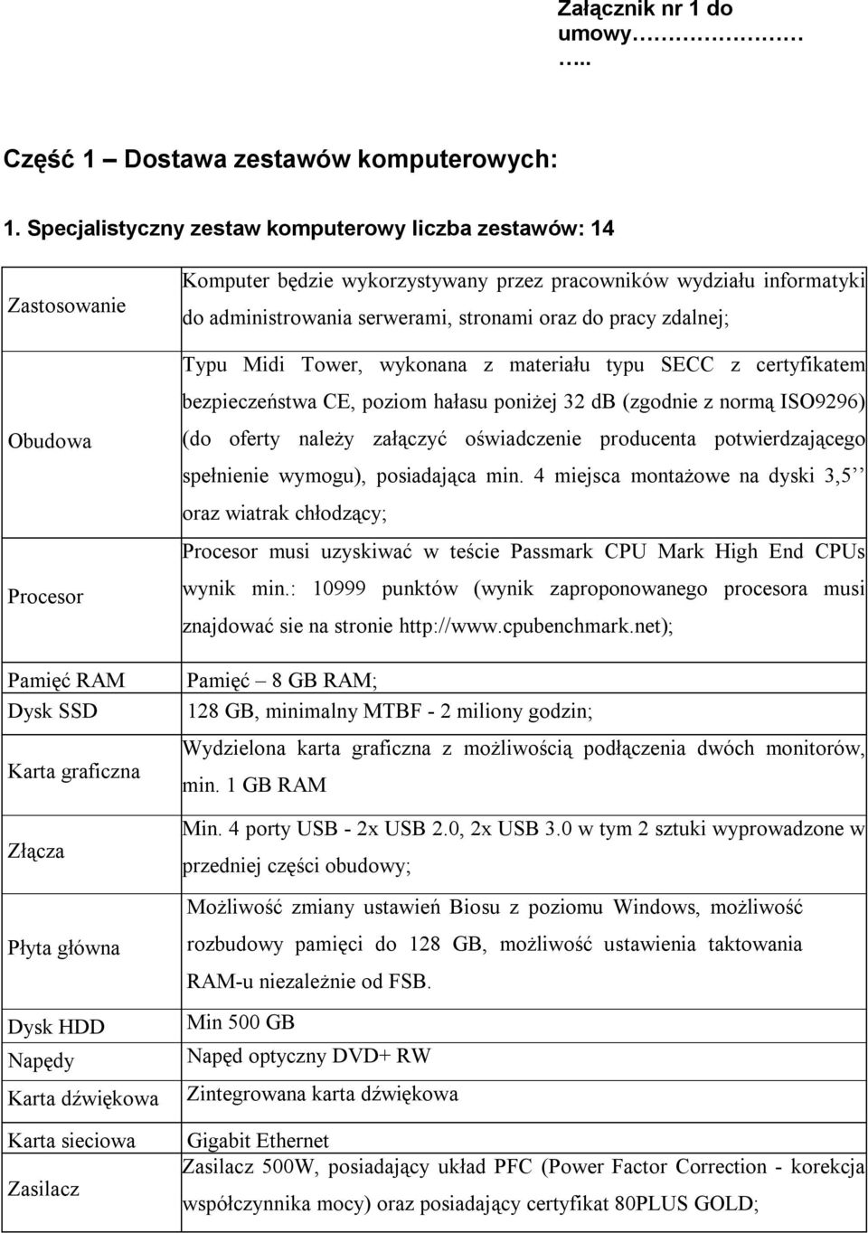 Komputer będzie wykorzystywany przez pracowników wydziału informatyki do administrowania serwerami, stronami oraz do pracy zdalnej; Typu Midi Tower, wykonana z materiału typu SECC z certyfikatem