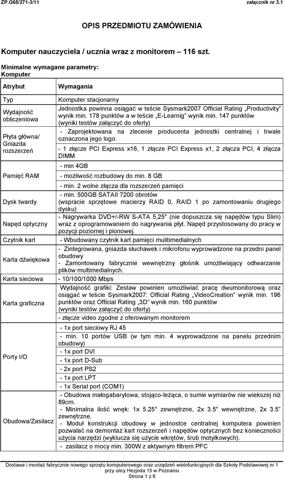 graficzna Porty I/O Obudowa/Zasilacz Komputer stacjonarny Jednostka powinna osiągać w teście Sysmark2007 Official Rating Productivity wynik min. 178 punktów a w teście E-Learnig wynik min.