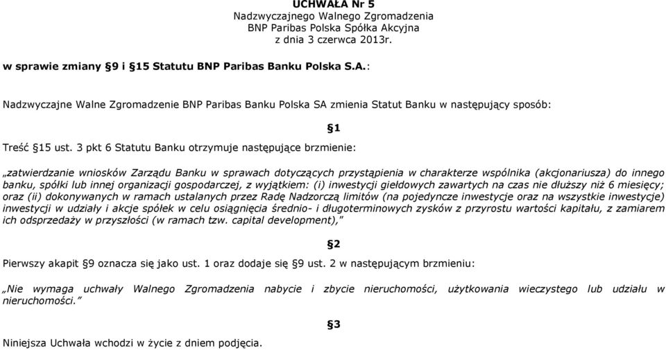 innej organizacji gospodarczej, z wyjątkiem: (i) inwestycji giełdowych zawartych na czas nie dłuŝszy niŝ 6 miesięcy; oraz (ii) dokonywanych w ramach ustalanych przez Radę Nadzorczą limitów (na