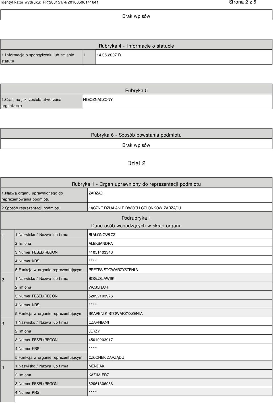 Nazwa organu uprawnionego do reprezentowania podmiotu 2.Sposób reprezentacji podmiotu ZARZĄD ŁĄCZNE DZIAŁANIE DWÓCH CZŁONKÓW ZARZĄDU 1 1.