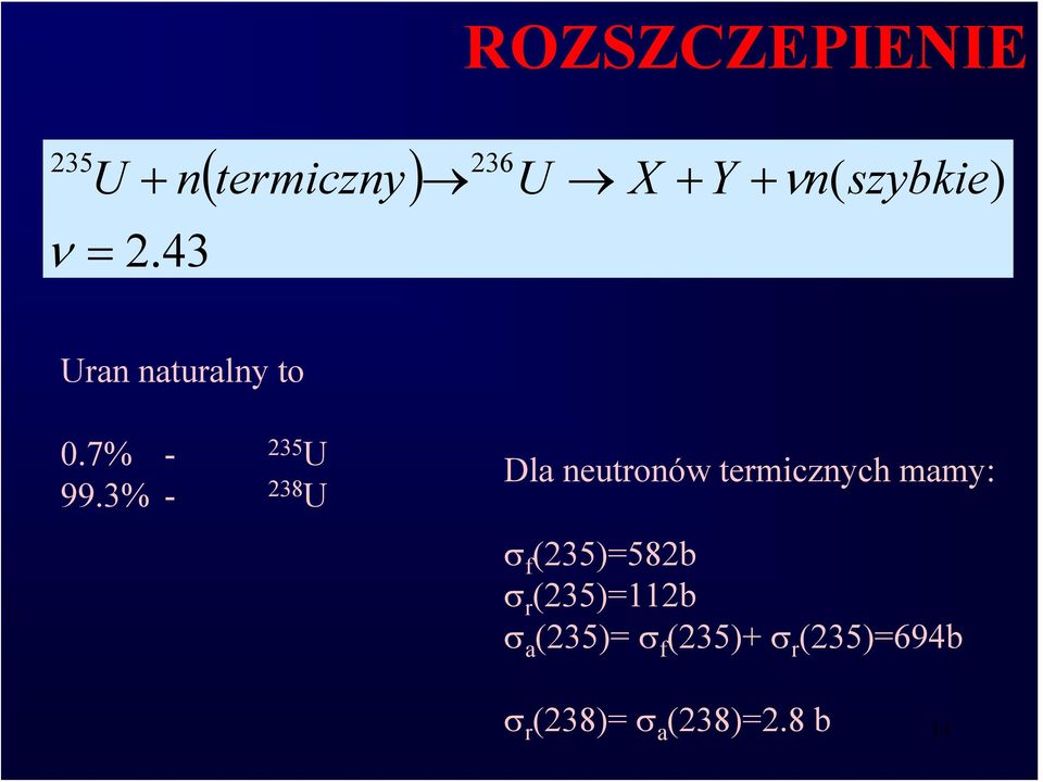 3% - 238 U Dla neutronów termicznych mamy: σ f (235)=582b σ r