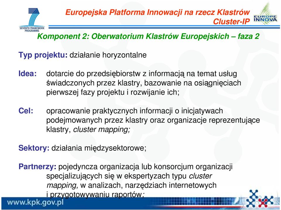 praktycznych informacji o inicjatywach podejmowanych przez klastry oraz organizacje reprezentujące klastry, cluster mapping; Sektory: działania międzysektorowe;