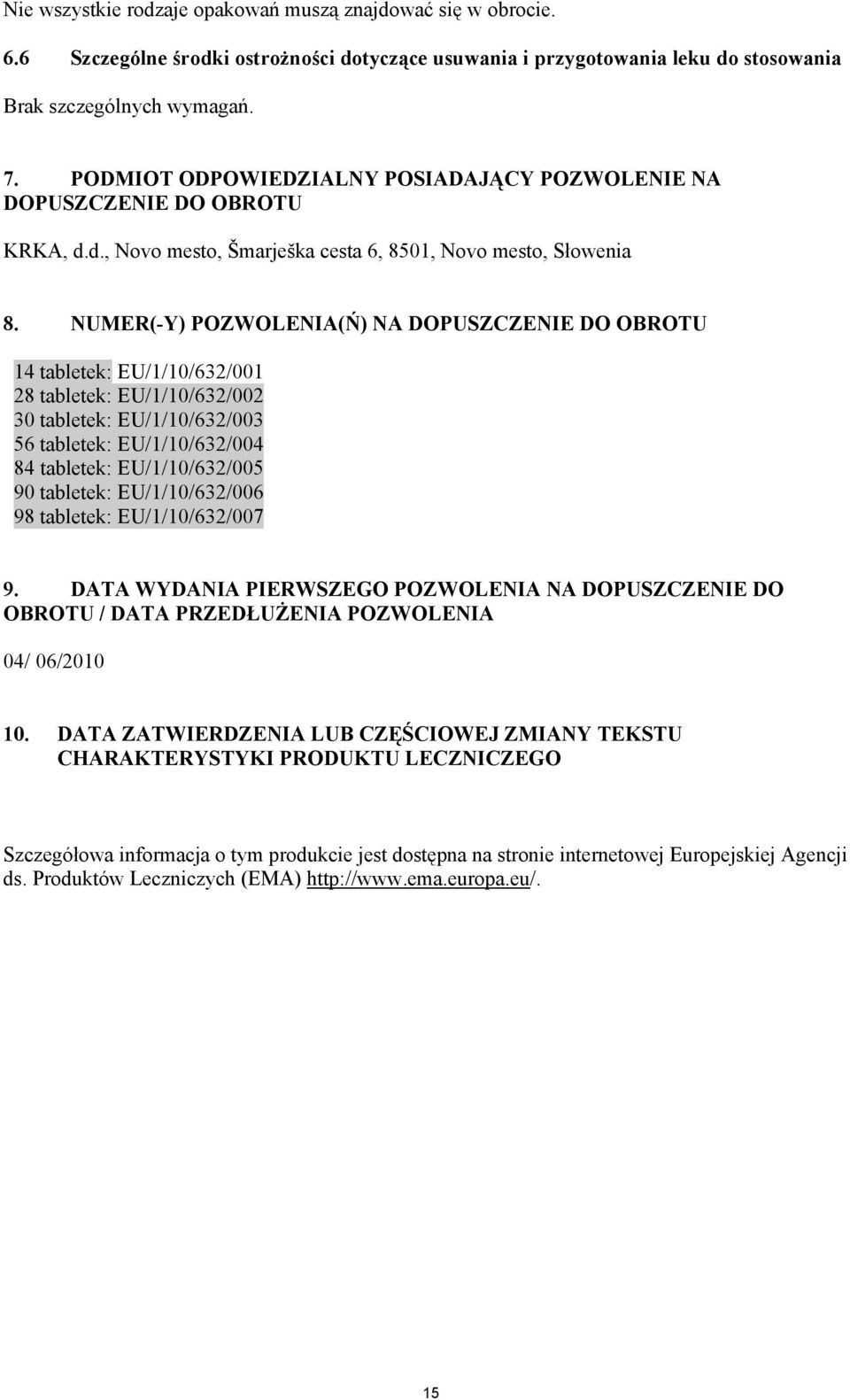 NUMER(-Y) POZWOLENIA(Ń) NA DOPUSZCZENIE DO OBROTU 14 tabletek: EU/1/10/632/001 28 tabletek: EU/1/10/632/002 30 tabletek: EU/1/10/632/003 56 tabletek: EU/1/10/632/004 84 tabletek: EU/1/10/632/005 90